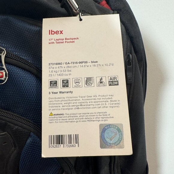 Wenger Ibex ScanSmart Unisex 17" Laptop Backpack w/Tablet Pocket Black/Blue/Grey - Picture 12 of 12